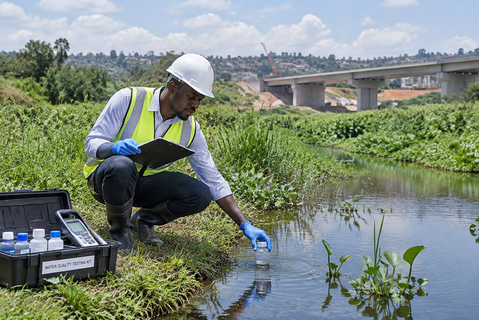Environmental specialist taking water samples at a Ugandan wetland