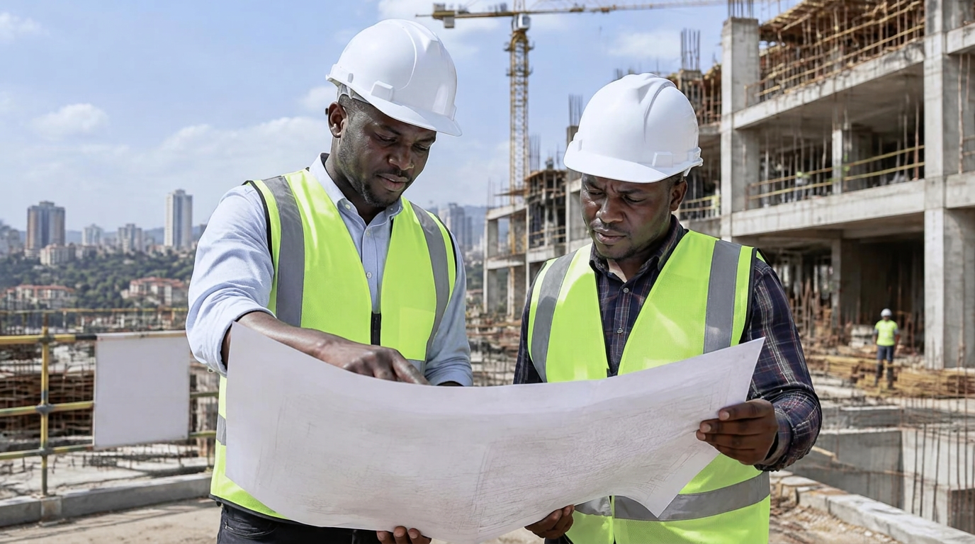 Engineers reviewing structural drawings on a construction site in Kampala